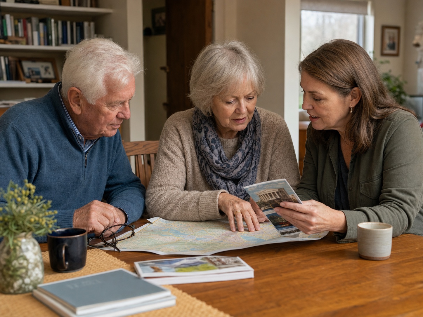 An older couple and their adult daughter planning a museum day together at home