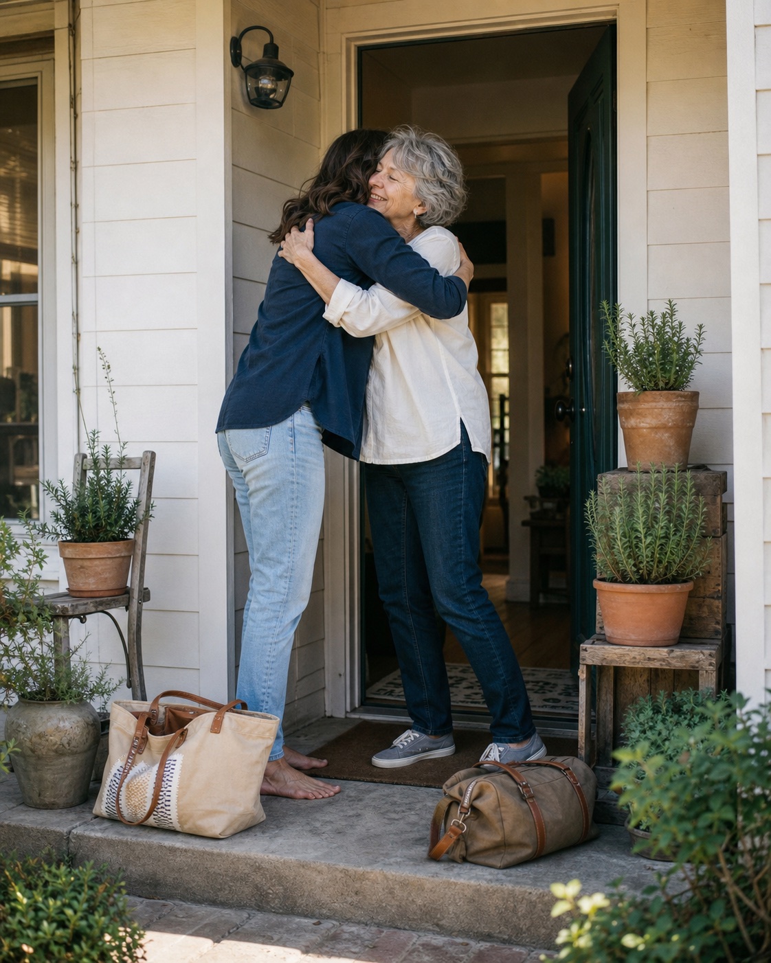 An older mother and her adult daughter greeting each other with a hug at home