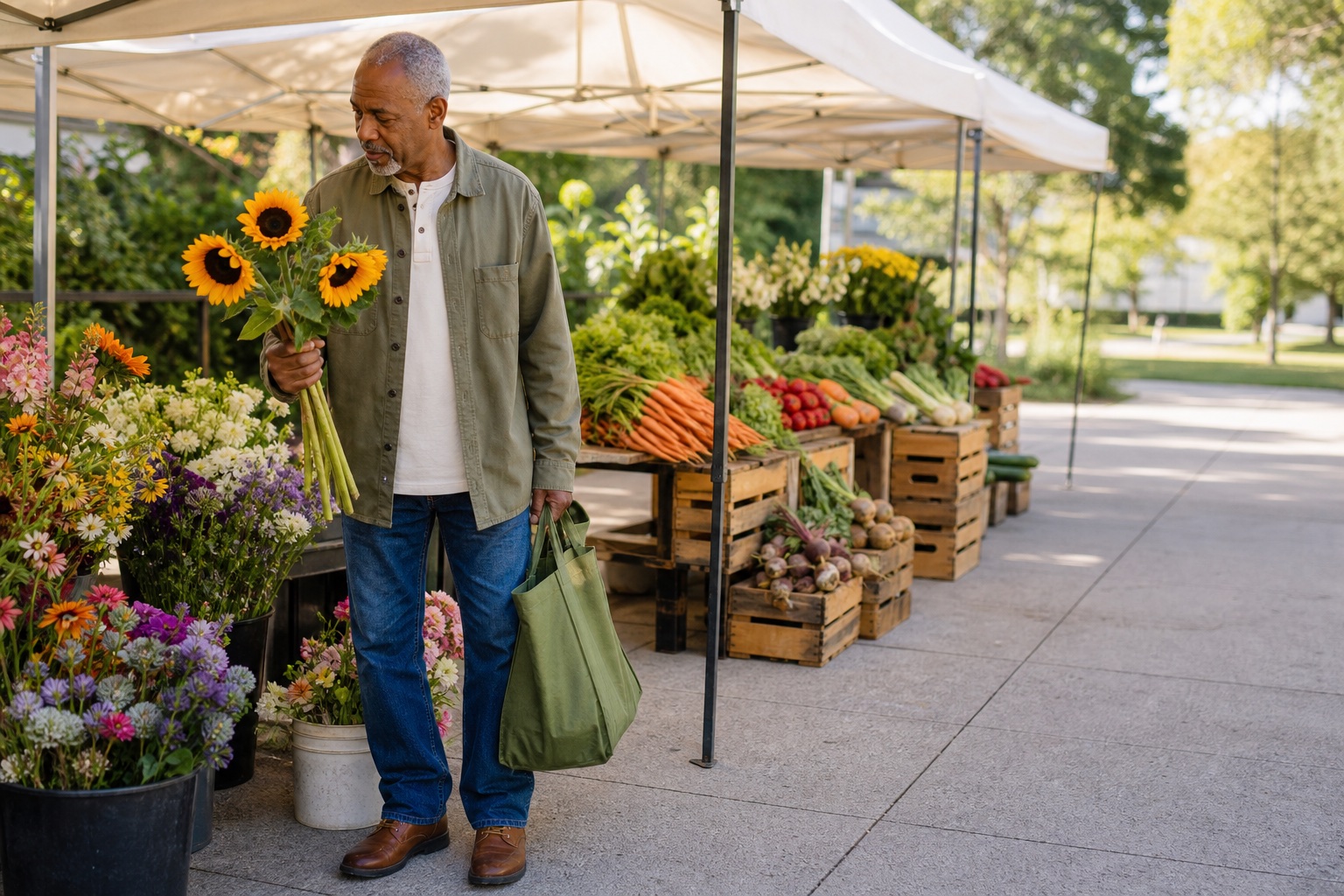 An older man choosing sunflowers at a neighborhood farmers market